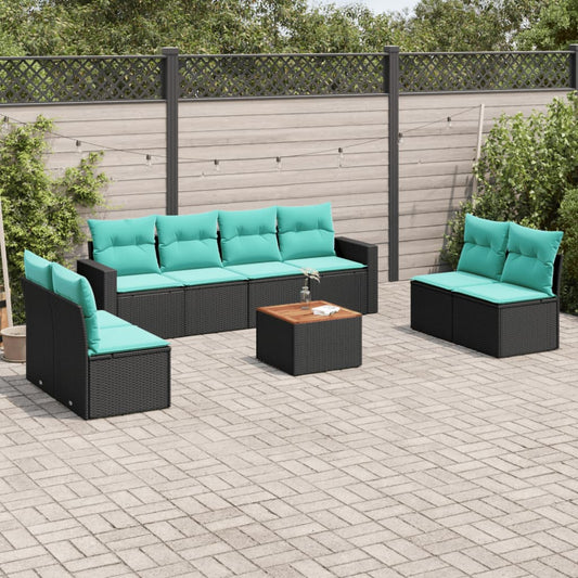 9-tlg. Garten-Sofagarnitur mit Kissen Schwarz Poly Rattan