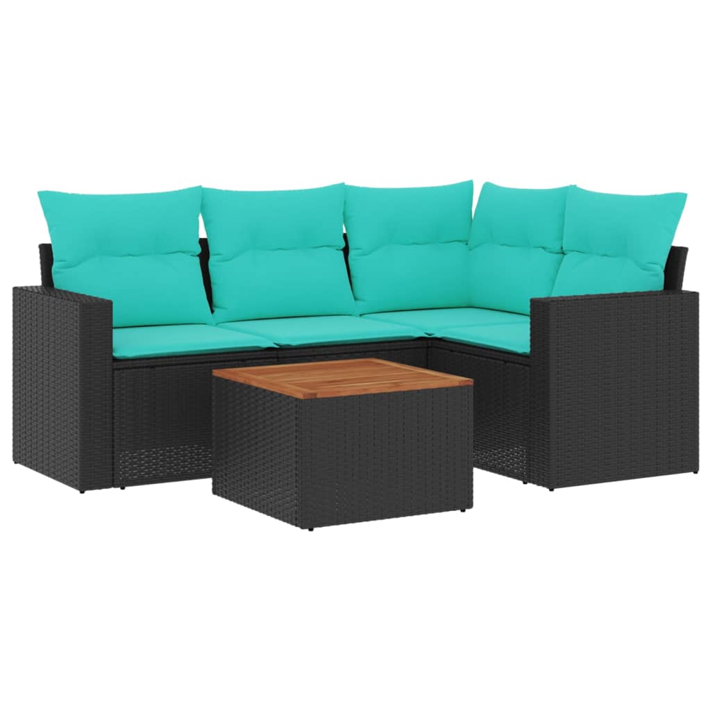 5-tlg. Garten-Sofagarnitur mit Kissen Schwarz Poly Rattan