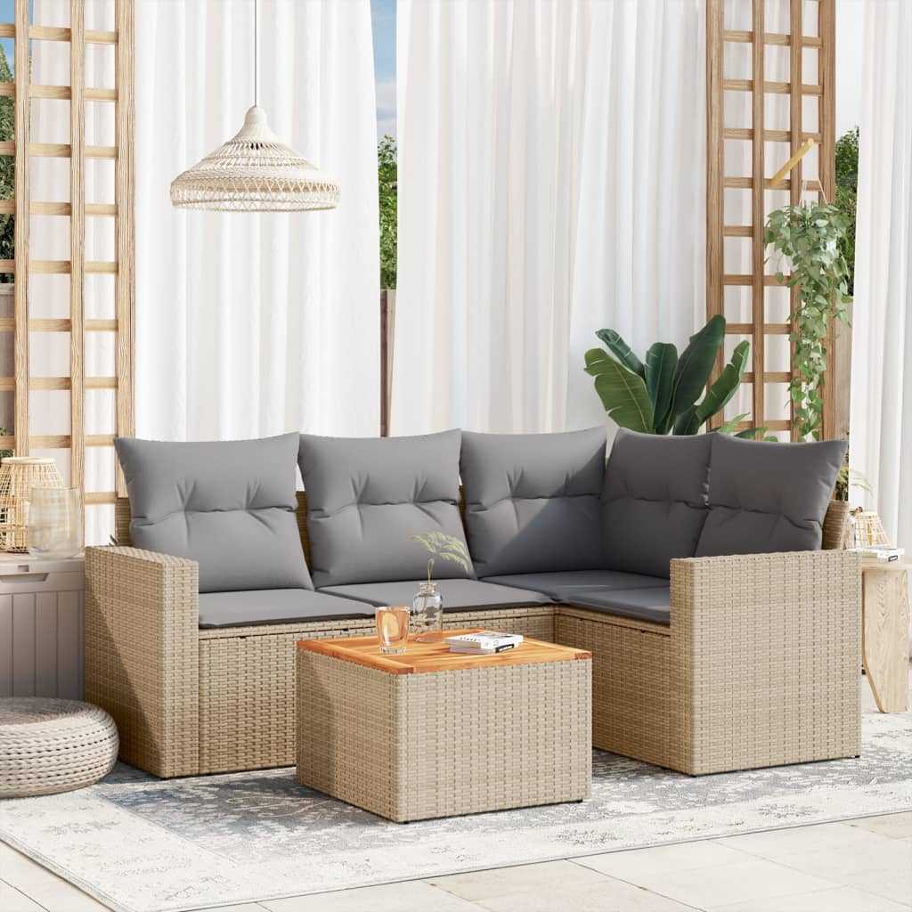 5-tlg. Garten-Sofagarnitur mit Kissen Beige-Mix Poly Rattan