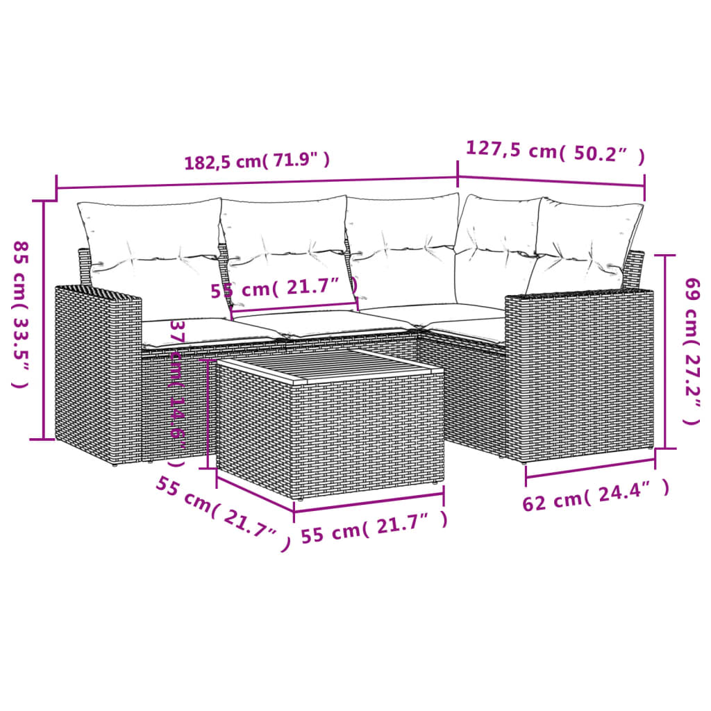 5-tlg. Garten-Sofagarnitur mit Kissen Grau Poly Rattan