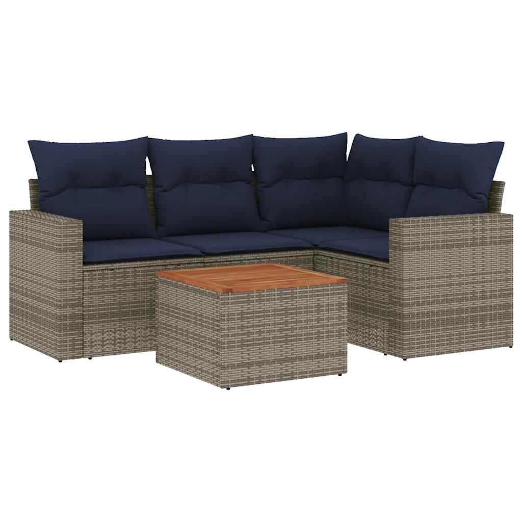 5-tlg. Garten-Sofagarnitur mit Kissen Grau Poly Rattan