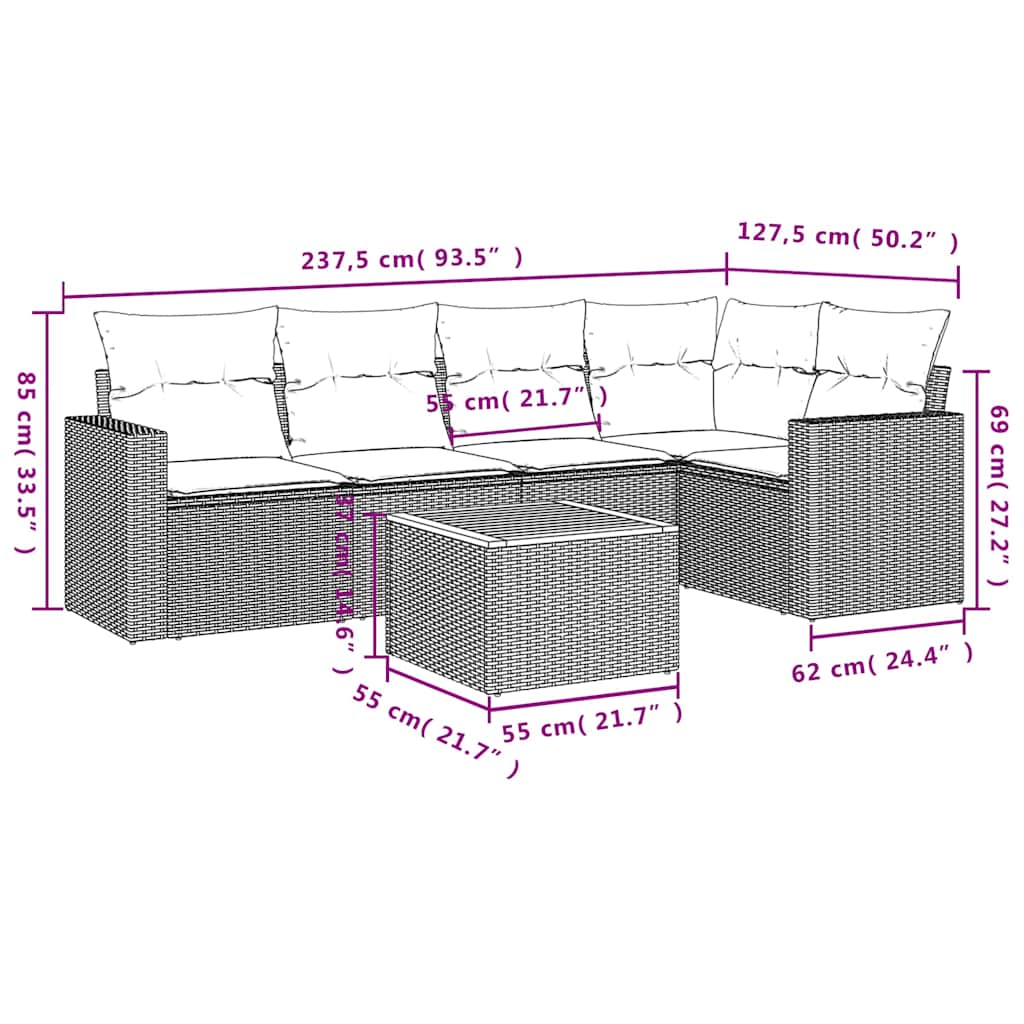 6-tlg. Garten-Sofagarnitur mit Kissen Schwarz Poly Rattan