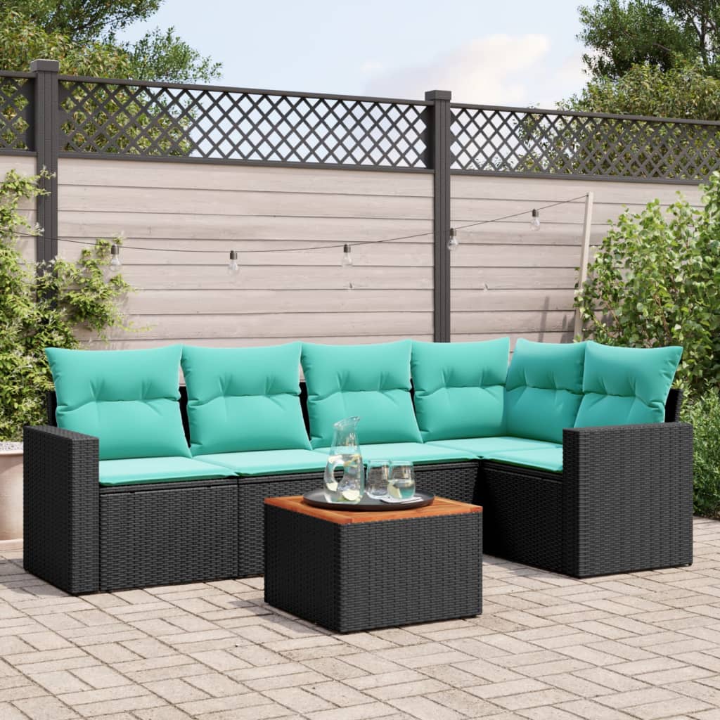 6-tlg. Garten-Sofagarnitur mit Kissen Schwarz Poly Rattan