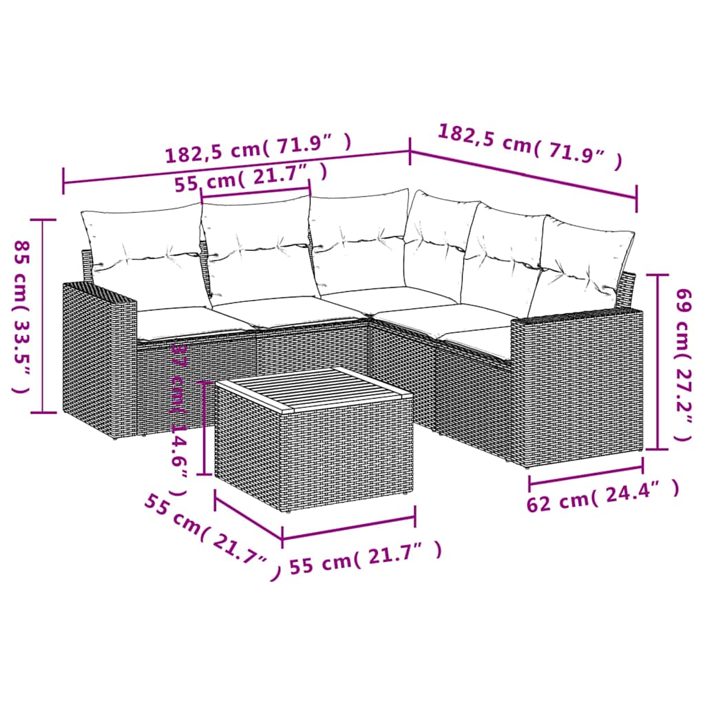 6-tlg. Garten-Sofagarnitur mit Kissen Schwarz Poly Rattan
