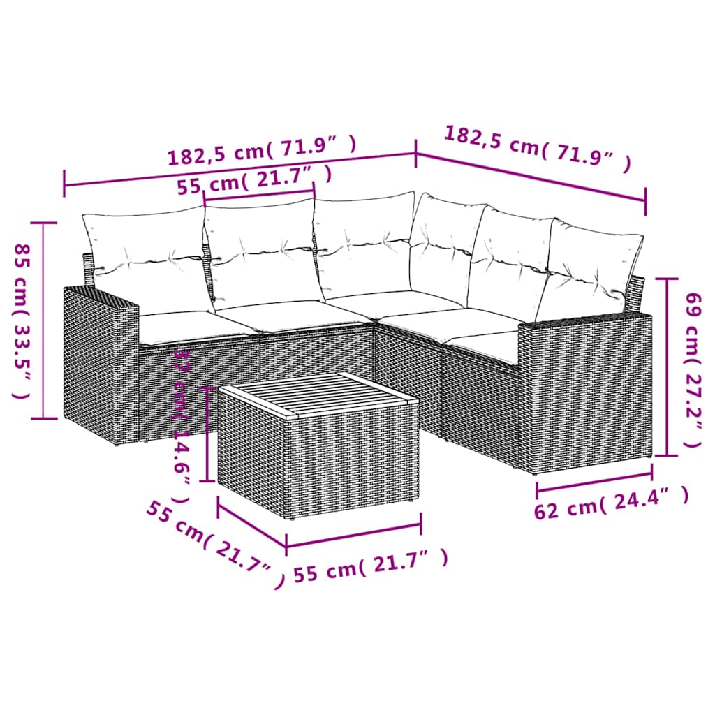 6-tlg. Garten-Sofagarnitur mit Kissen Grau Poly Rattan
