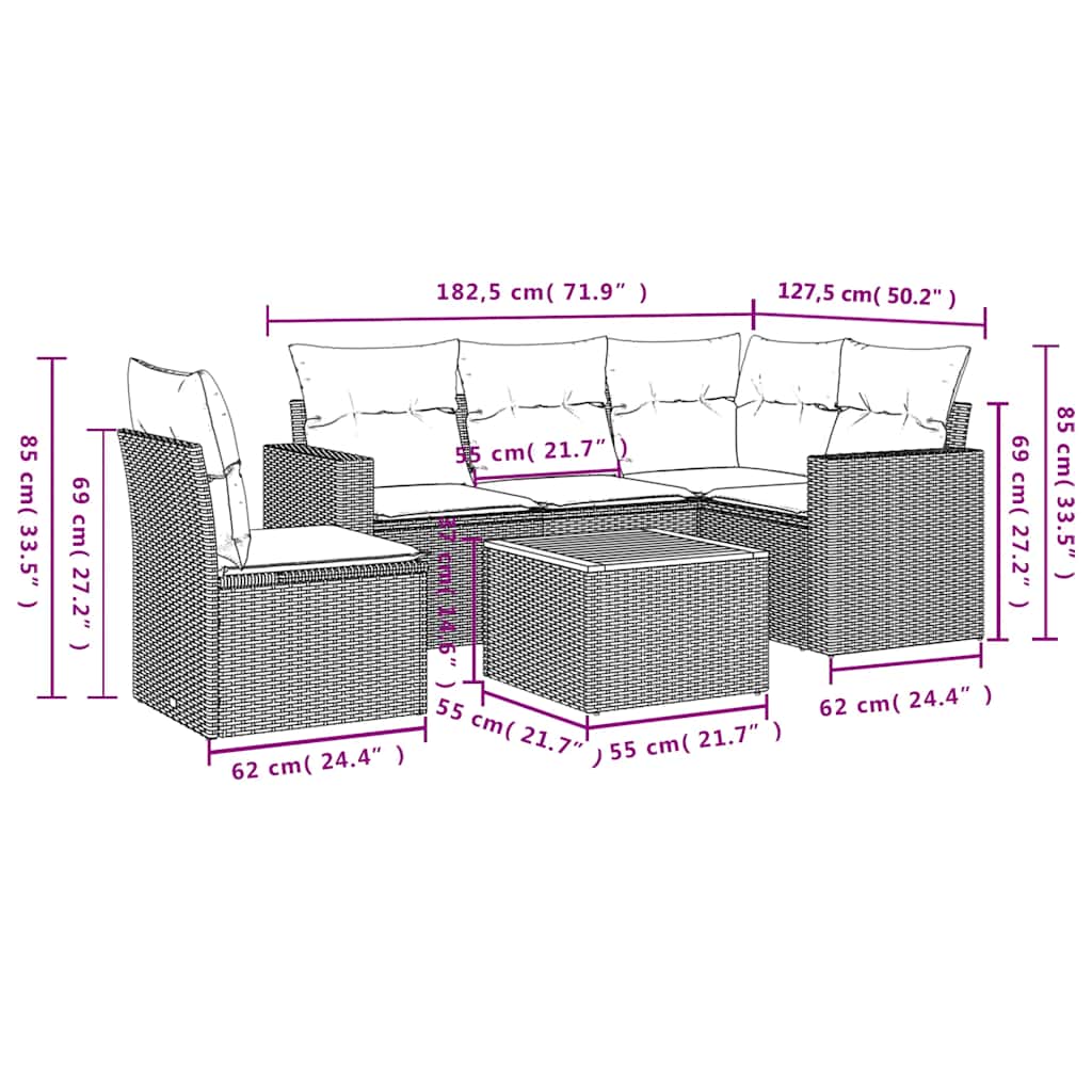 6-tlg. Garten-Sofagarnitur mit Kissen Grau Poly Rattan