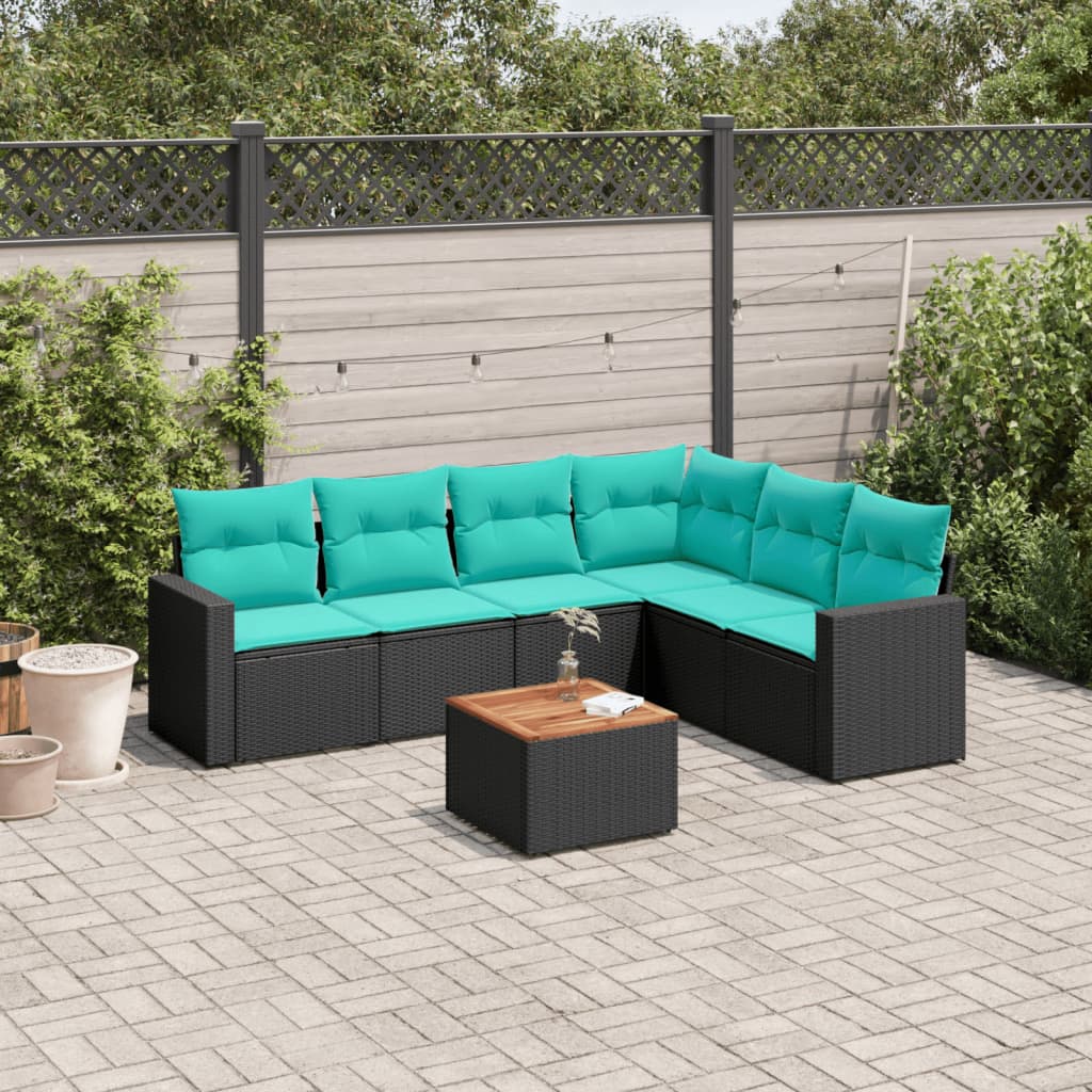 7-tlg. Garten-Sofagarnitur mit Kissen Schwarz Poly Rattan