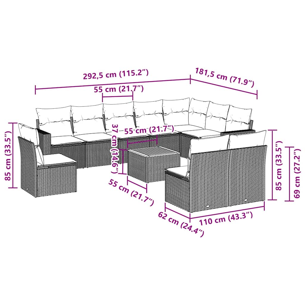 11-tlg. Garten-Sofagarnitur mit Kissen Schwarz Poly Rattan