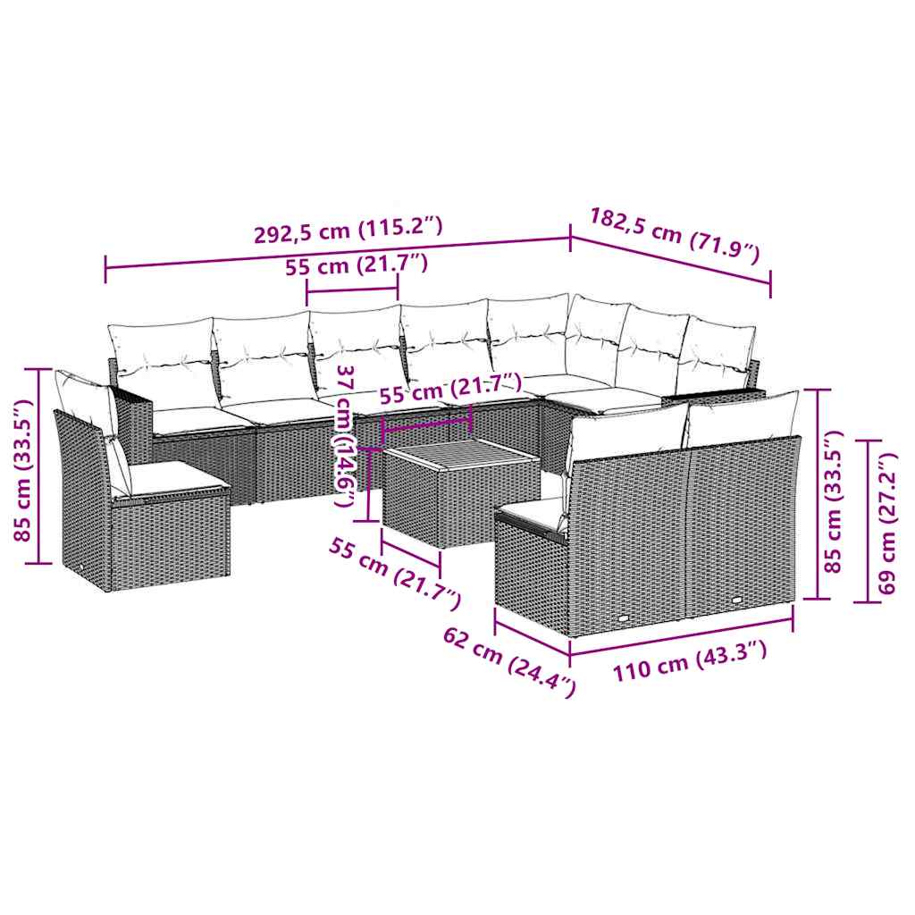 11-tlg. Garten-Sofagarnitur mit Kissen Grau Poly Rattan