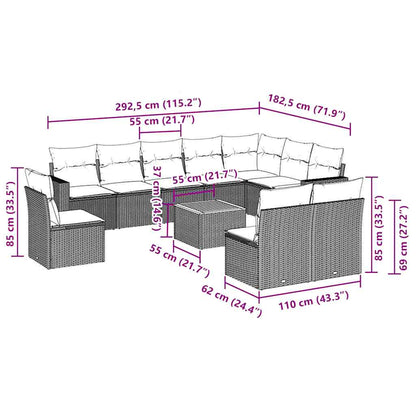 11-tlg. Garten-Sofagarnitur mit Kissen Grau Poly Rattan