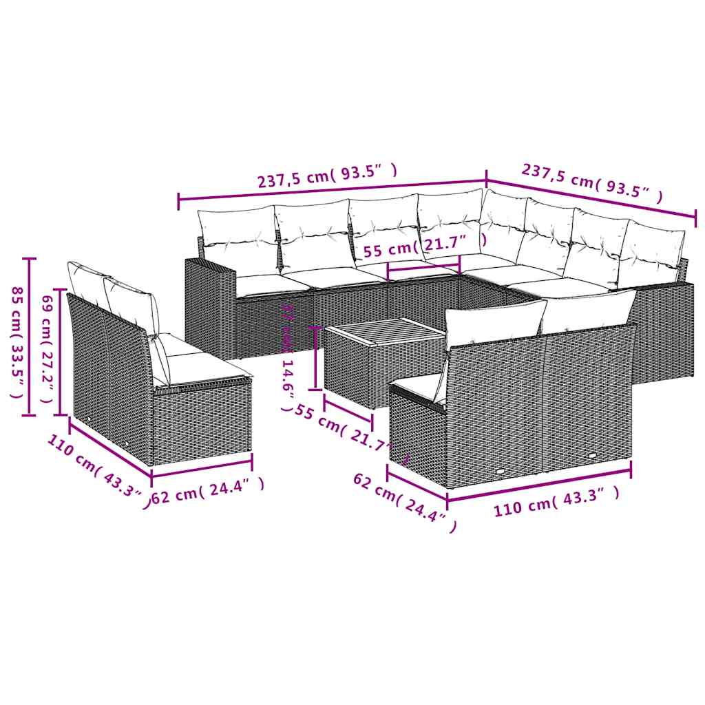 12-tlg. Garten-Sofagarnitur mit Kissen Schwarz Poly Rattan