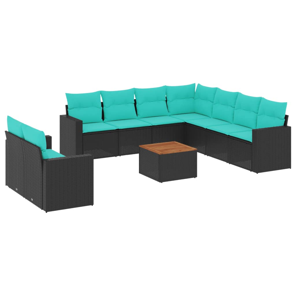 10-tlg. Garten-Sofagarnitur mit Kissen Schwarz Poly Rattan