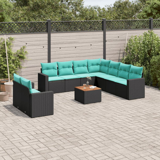10-tlg. Garten-Sofagarnitur mit Kissen Schwarz Poly Rattan