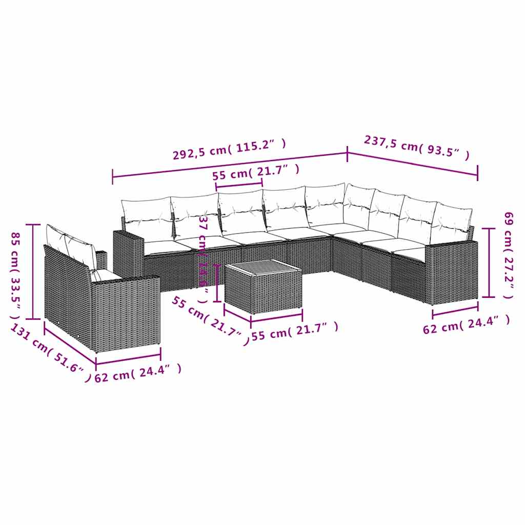 11-tlg. Garten-Sofagarnitur mit Kissen Schwarz Poly Rattan