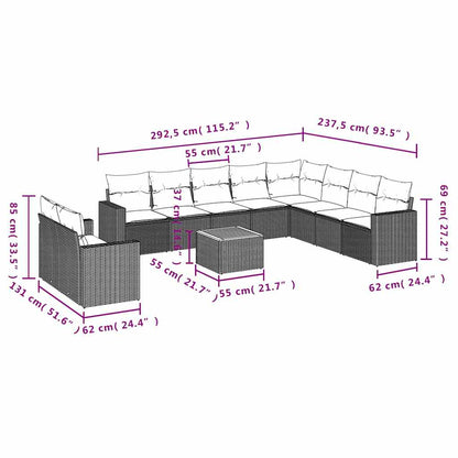 11-tlg. Garten-Sofagarnitur mit Kissen Schwarz Poly Rattan