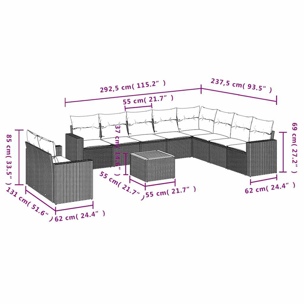 11-tlg. Garten-Sofagarnitur mit Kissen Schwarz Poly Rattan