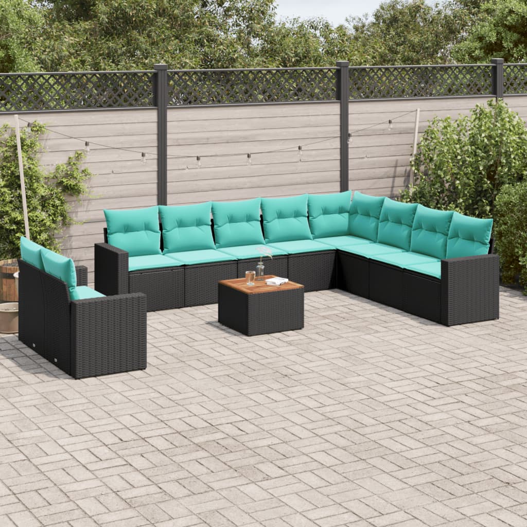 11-tlg. Garten-Sofagarnitur mit Kissen Schwarz Poly Rattan