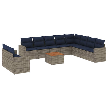 11-tlg. Garten-Sofagarnitur mit Kissen Grau Poly Rattan