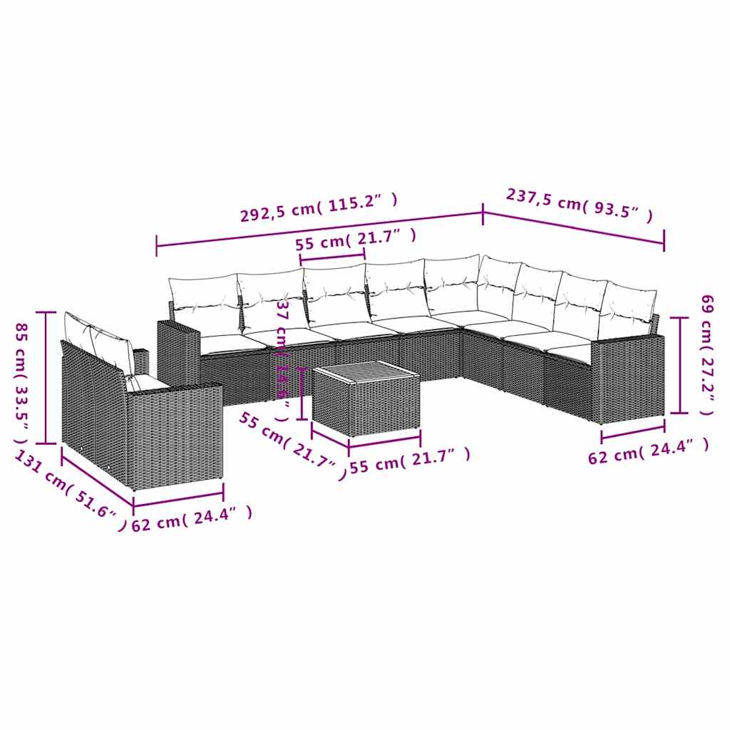 11-tlg. Garten-Sofagarnitur mit Kissen Grau Poly Rattan