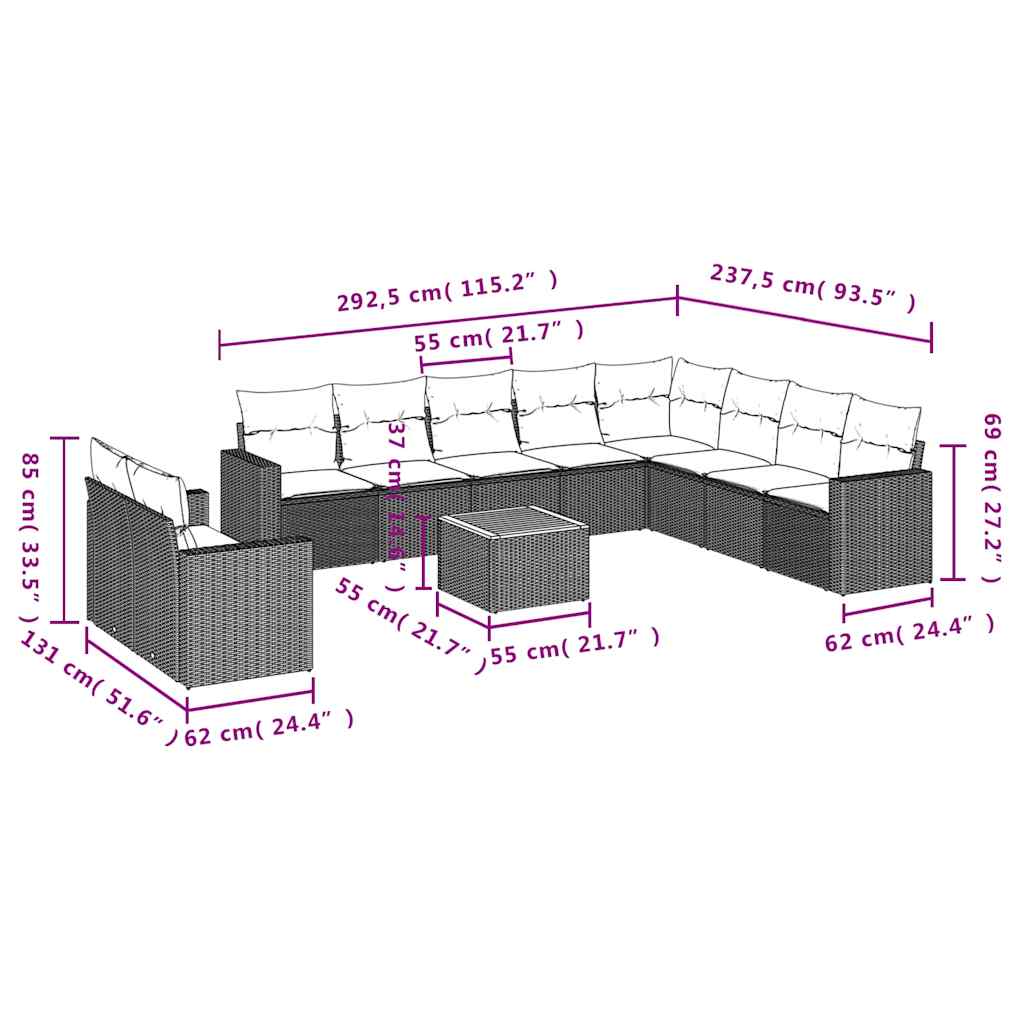 12-tlg. Garten-Sofagarnitur mit Kissen Schwarz Poly Rattan