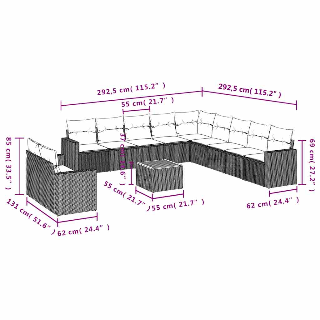 12-tlg. Garten-Sofagarnitur mit Kissen Schwarz Poly Rattan