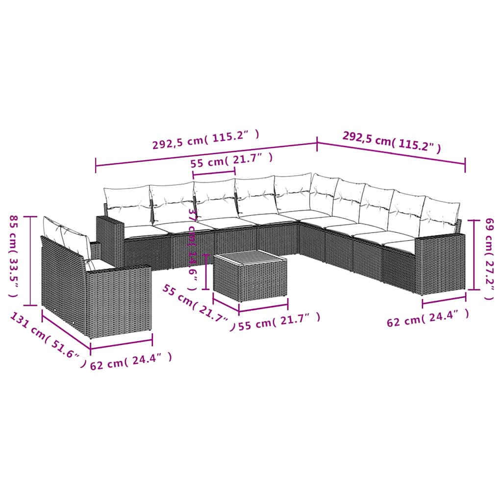 12-tlg. Garten-Sofagarnitur mit Kissen Schwarz Poly Rattan