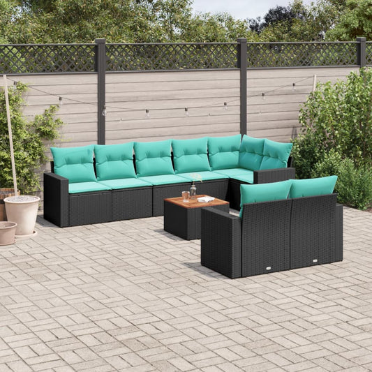 9-tlg. Garten-Sofagarnitur mit Kissen Schwarz Poly Rattan