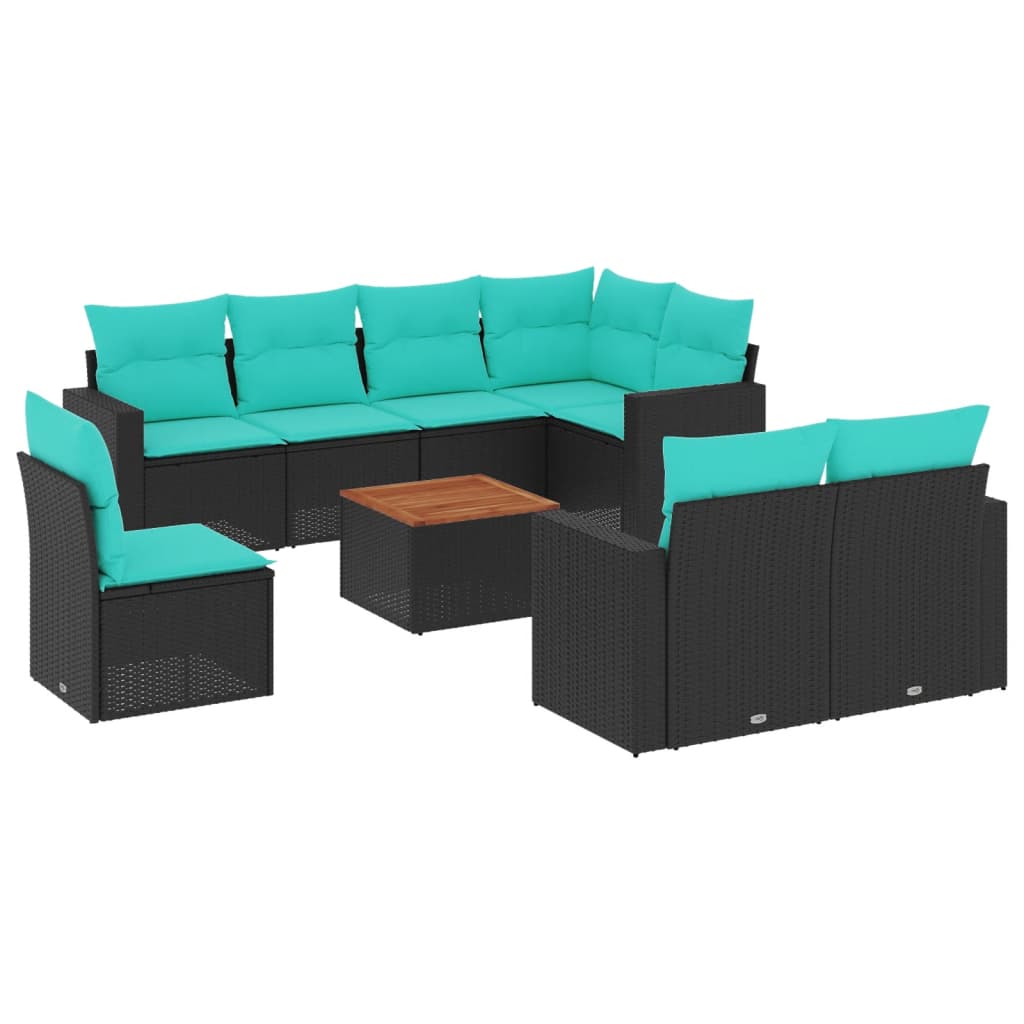 9-tlg. Garten-Sofagarnitur mit Kissen Schwarz Poly Rattan