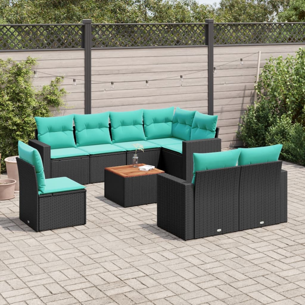 9-tlg. Garten-Sofagarnitur mit Kissen Schwarz Poly Rattan