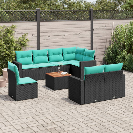 9-tlg. Garten-Sofagarnitur mit Kissen Schwarz Poly Rattan