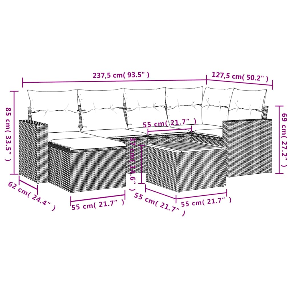 7-teiliges Gartensofa-Set mit Kissen, grau, Polyrattan