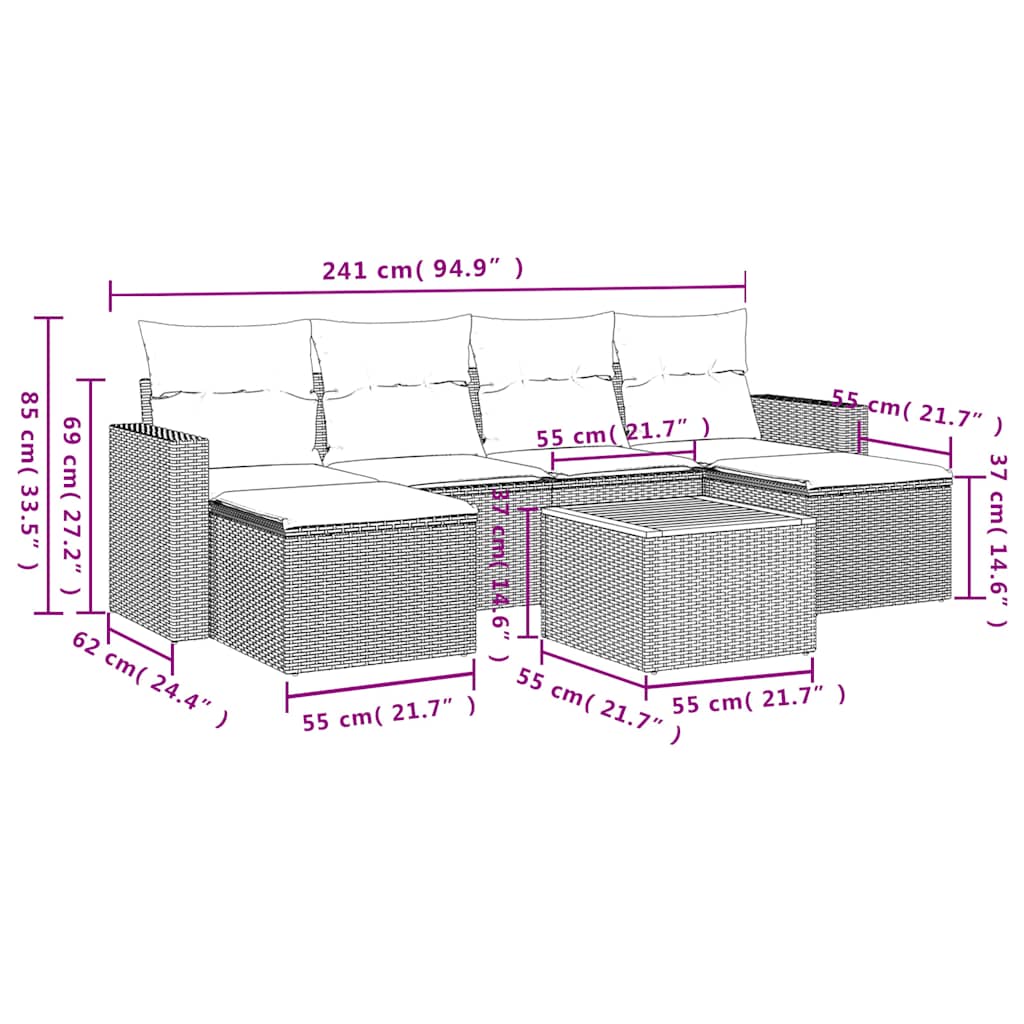 7-teiliges Gartensofa-Set mit Kissen, grau, Polyrattan