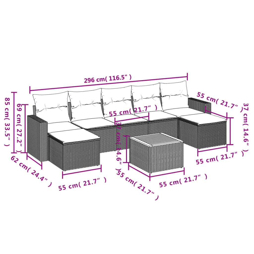 8-piece garden sofa set with cushions, black poly rattan