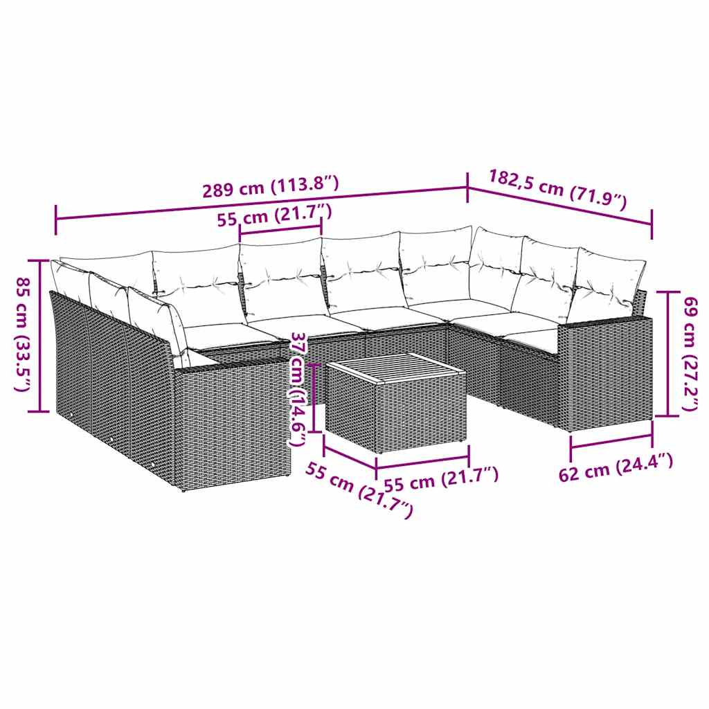 10-tlg. Garten-Sofagarnitur mit Kissen Schwarz Poly Rattan