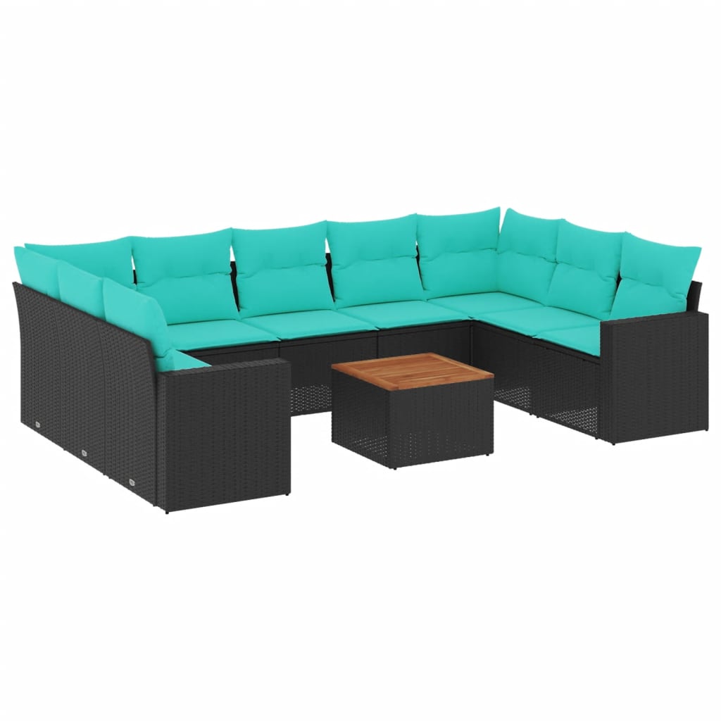 10-tlg. Garten-Sofagarnitur mit Kissen Schwarz Poly Rattan
