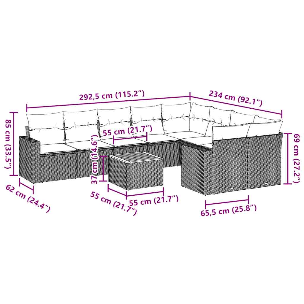10-tlg. Garten-Sofagarnitur mit Kissen Schwarz Poly Rattan