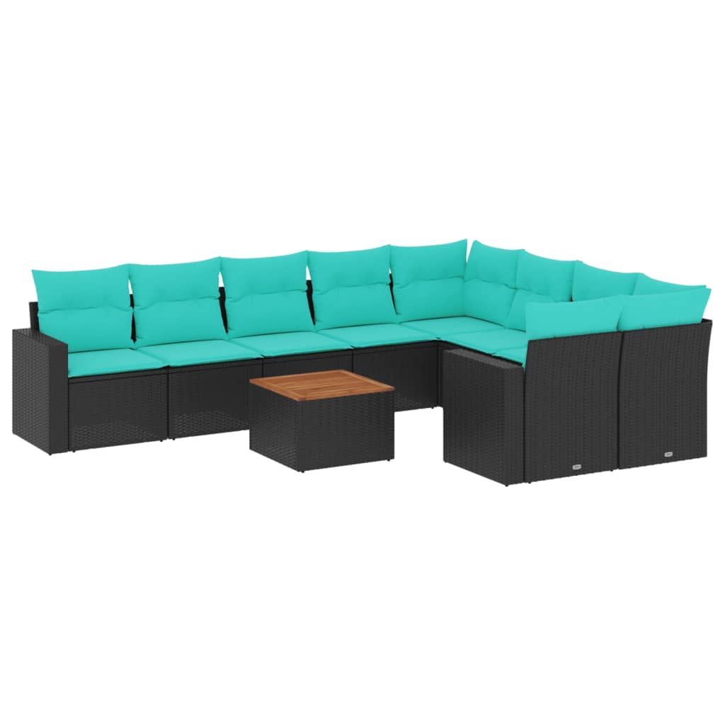 10-tlg. Garten-Sofagarnitur mit Kissen Schwarz Poly Rattan