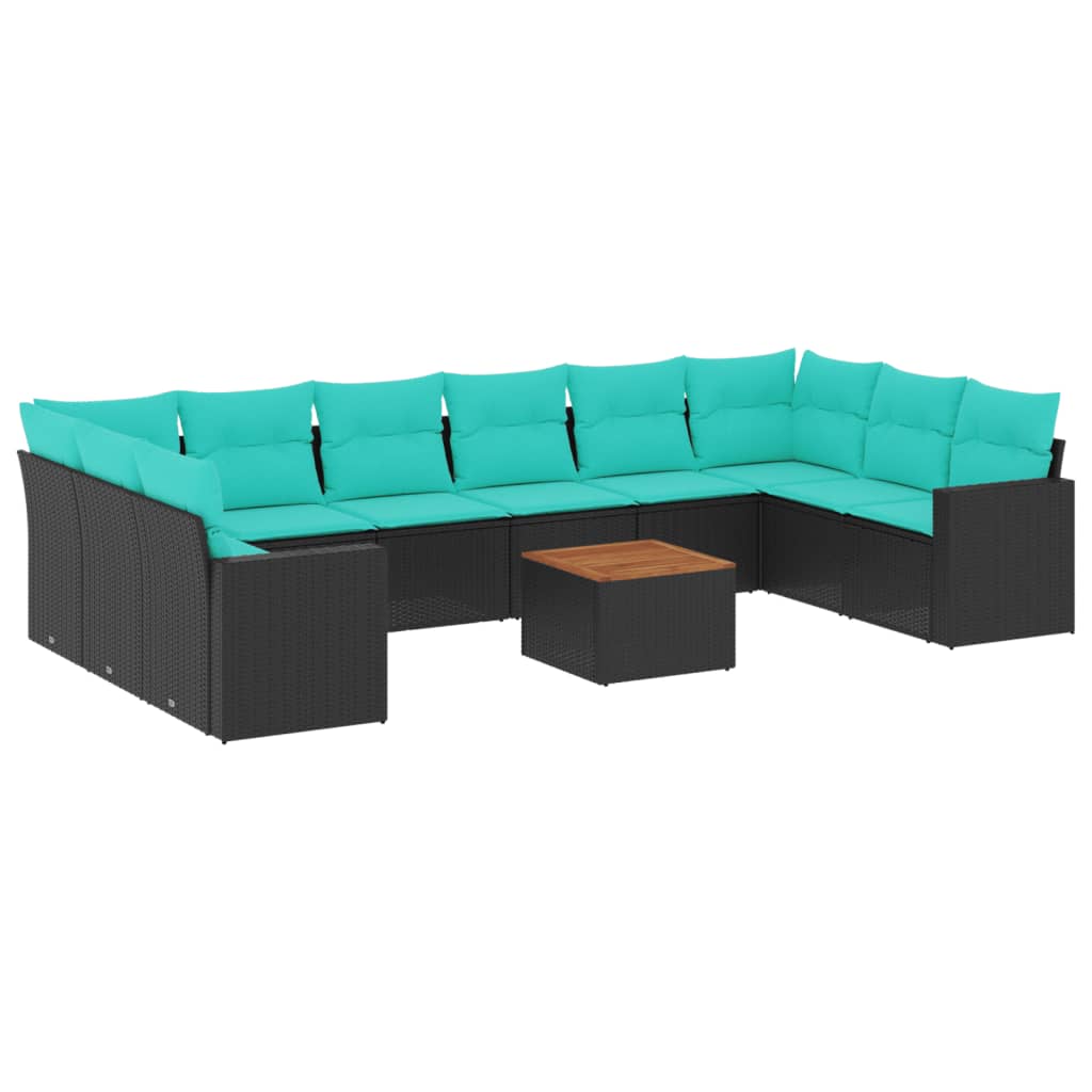 11-tlg. Garten-Sofagarnitur mit Kissen Schwarz Poly Rattan