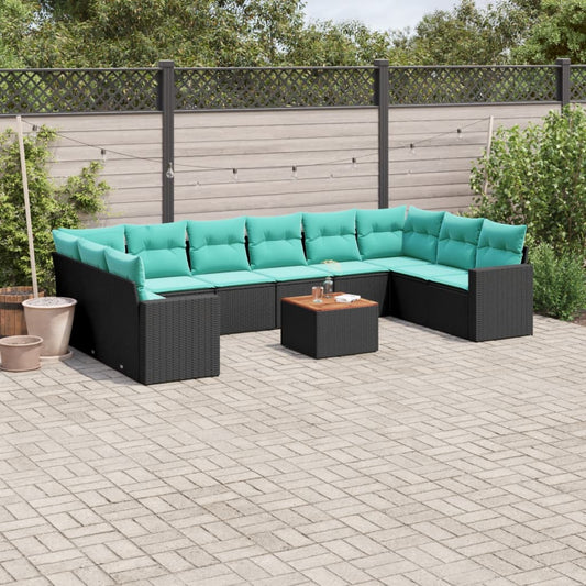 11-tlg. Garten-Sofagarnitur mit Kissen Schwarz Poly Rattan