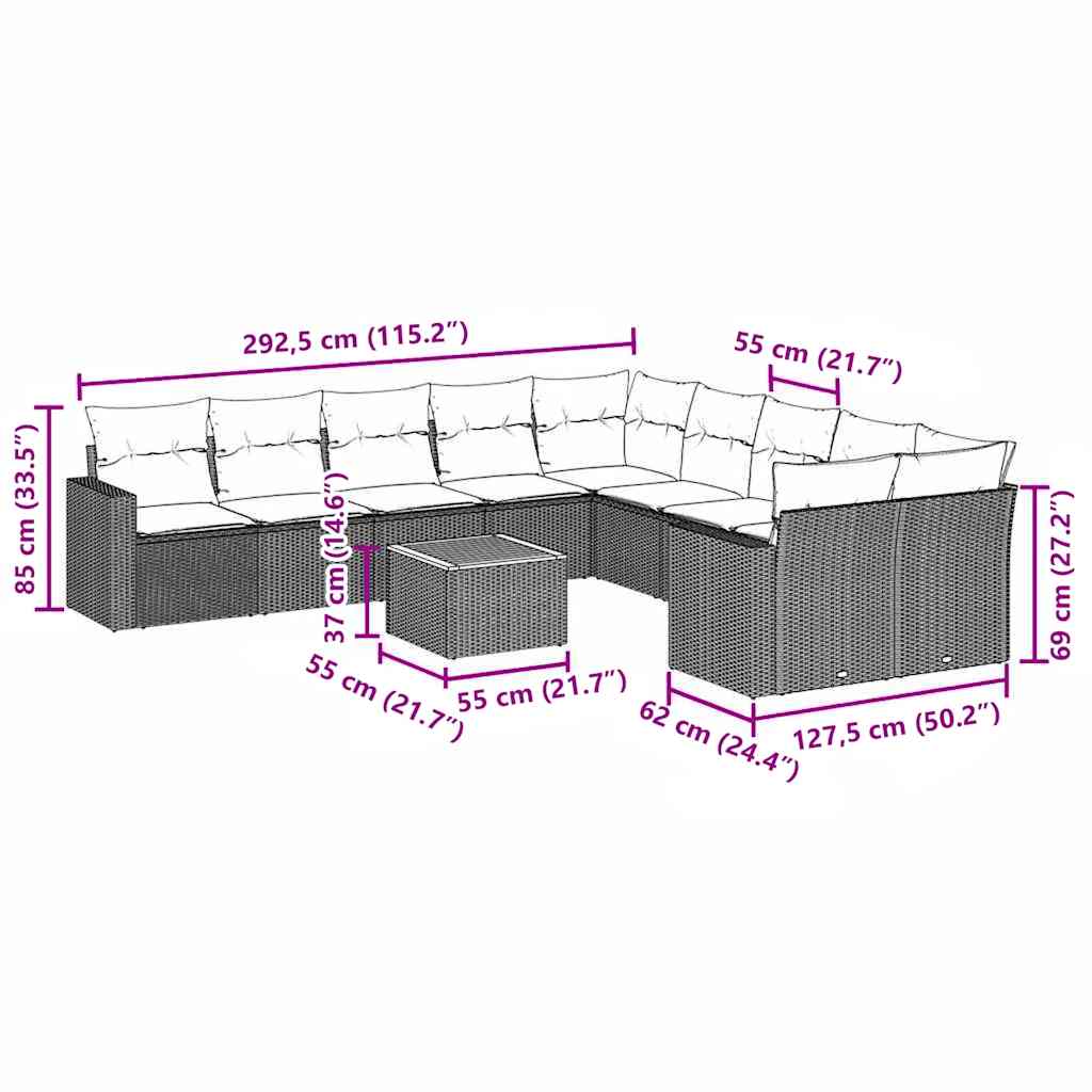 11-tlg. Garten-Sofagarnitur mit Kissen Grau Poly Rattan