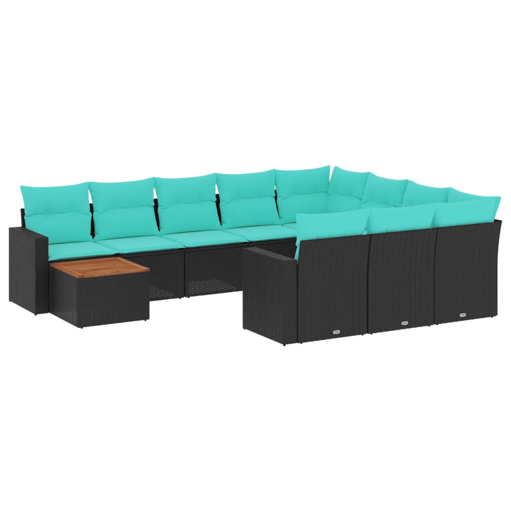 11-tlg. Garten-Sofagarnitur mit Kissen Schwarz Poly Rattan