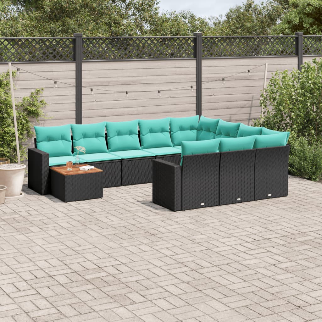 11-tlg. Garten-Sofagarnitur mit Kissen Schwarz Poly Rattan