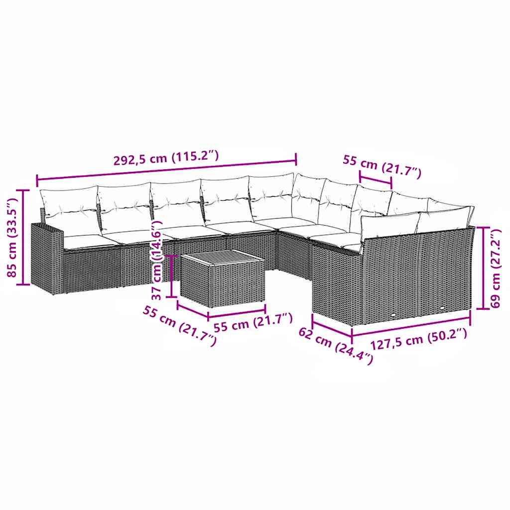 11-tlg. Garten-Sofagarnitur mit Kissen Grau Poly Rattan