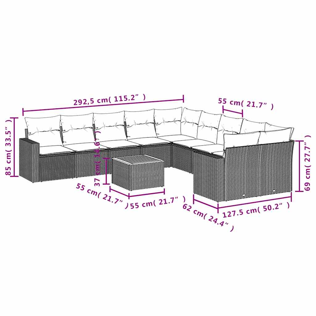 11-tlg. Garten-Sofagarnitur mit Kissen Schwarz Poly Rattan