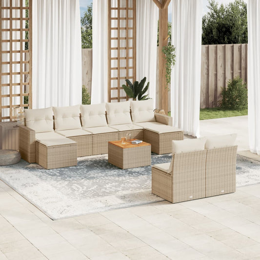 10-tlg. Garten-Sofagarnitur mit Kissen Beige Poly Rattan