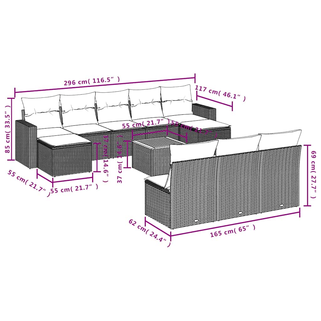 11-teiliges Gartensofa-Set mit Kissen, grau, Polyrattan