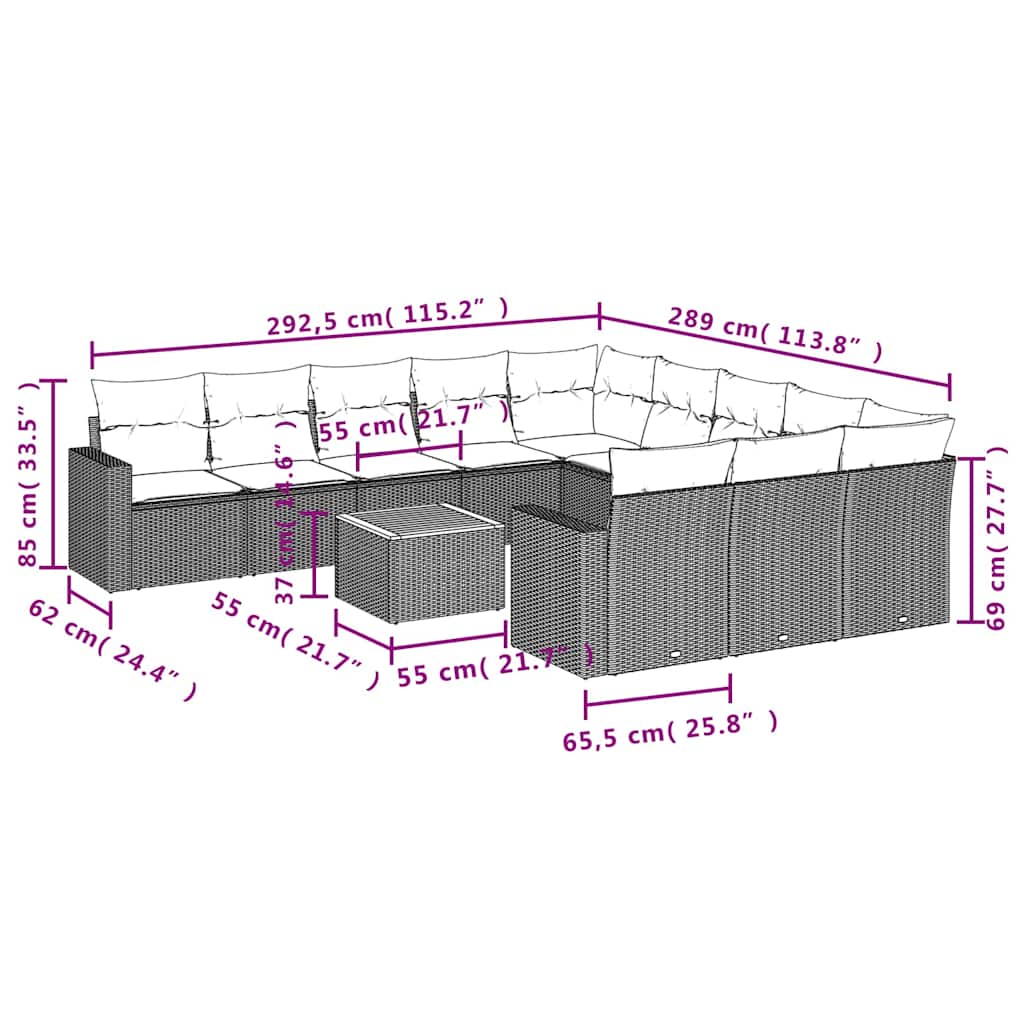12-tlg. Garten-Sofagarnitur mit Kissen Schwarz Poly Rattan