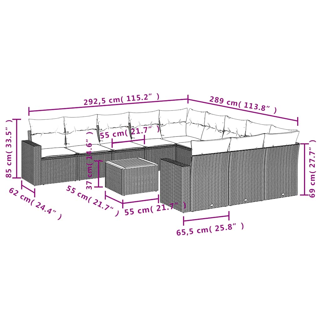 12-tlg. Garten-Sofagarnitur mit Kissen Grau Poly Rattan