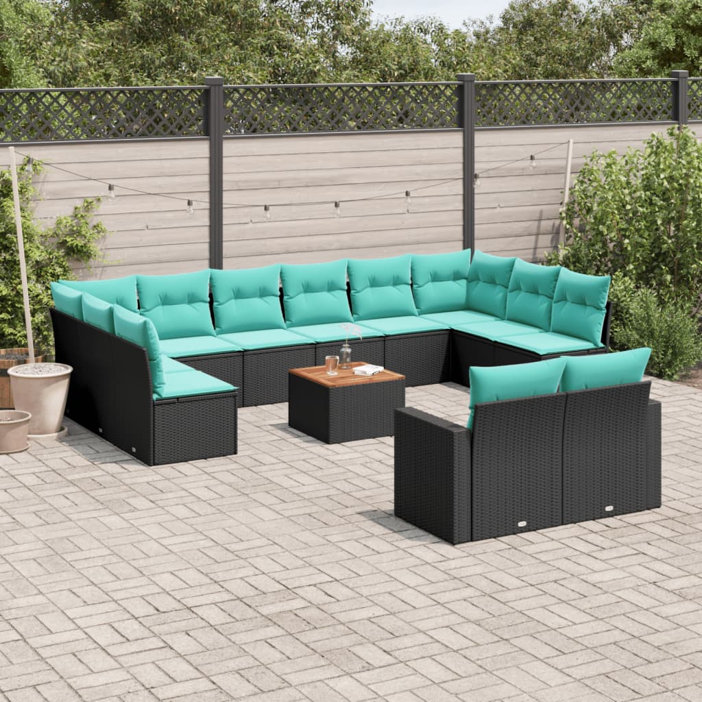 13-tlg. Garten-Sofagarnitur mit Kissen Schwarz Poly Rattan