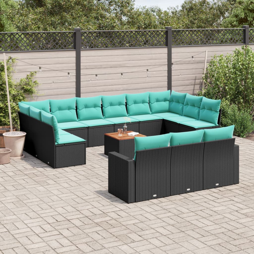 14-tlg. Garten-Sofagarnitur mit Kissen Schwarz Poly Rattan